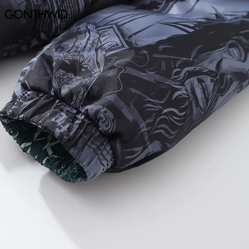 Mens Hip Hop Reversible Jacket Casual Winter Thick Warm Harajuku Punk Gothic Print Bomber Coats Cotton Padded Winter Warm Zipper