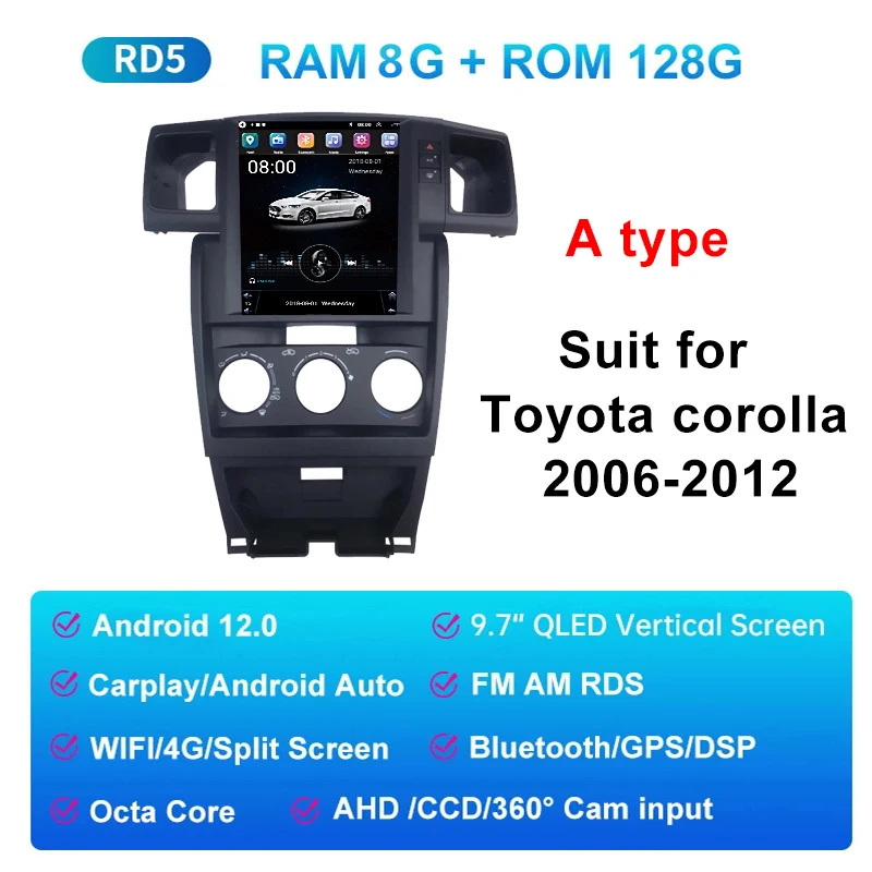 

9,7-дюймовый Android 12, вертикальный QLED-экран, автомобильный радиоприемник в стиле Tesla для Toyota Corolla Crown 2006-2012, мультимедийный плеер Carplay GPS Navi
