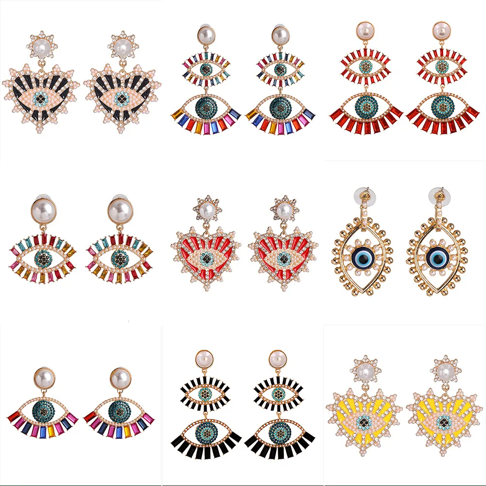 

New Vintage Statement Rhinestone Dangle Earring Ethnic Love Heart Shape Evil Eye Drop Earrings for Women Trendy Jewelry