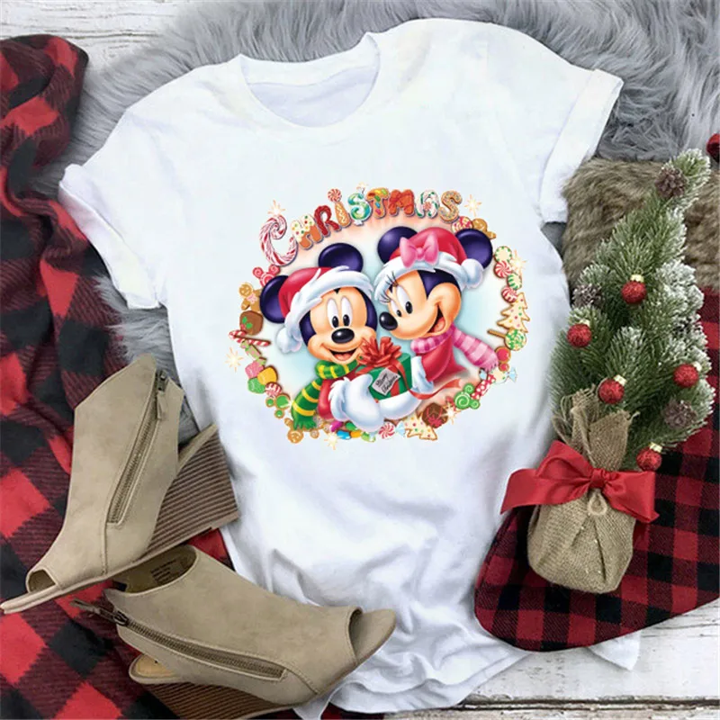 

New Mickey Minnie Christmas Women T Shirt Cartoon Graphic Mouse Printed Ladies T-shirt Casual Woman T-shirt Funny Tee Shirt