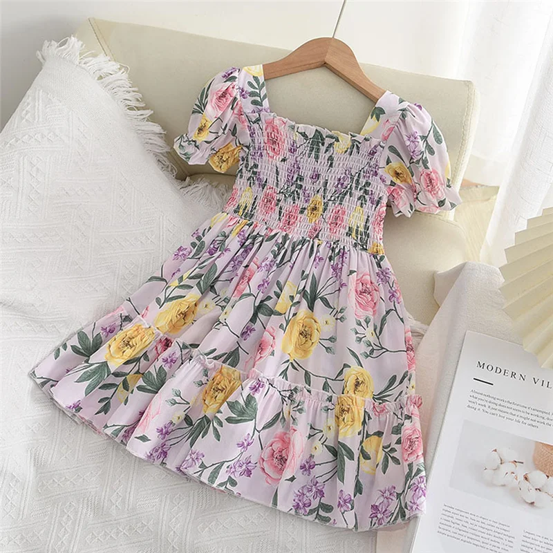 

2022 New Baby Flowers Print Dresses Summer Girls Casual Vestidos Clothes Children Floral Party Birthday Princess Dress 2-6Y