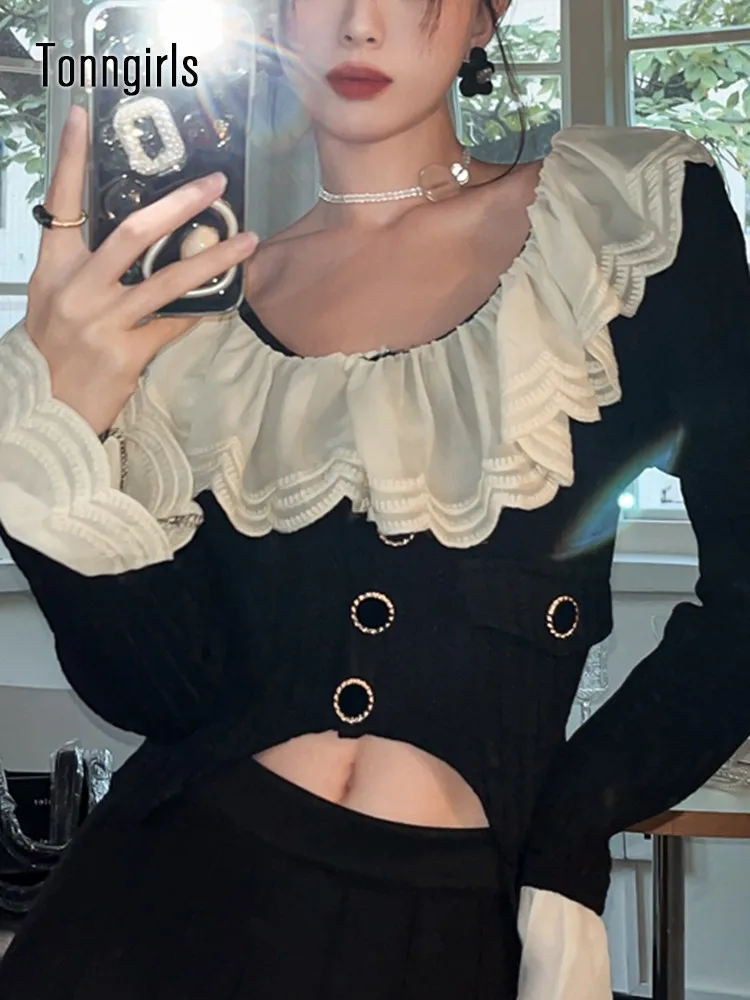 

Винтажная Футболка Tonngirls, женские облегающие Топы без узора, лоскутные кружевные майки, женские элегантные футболки, топы в Корейском стиле 2022