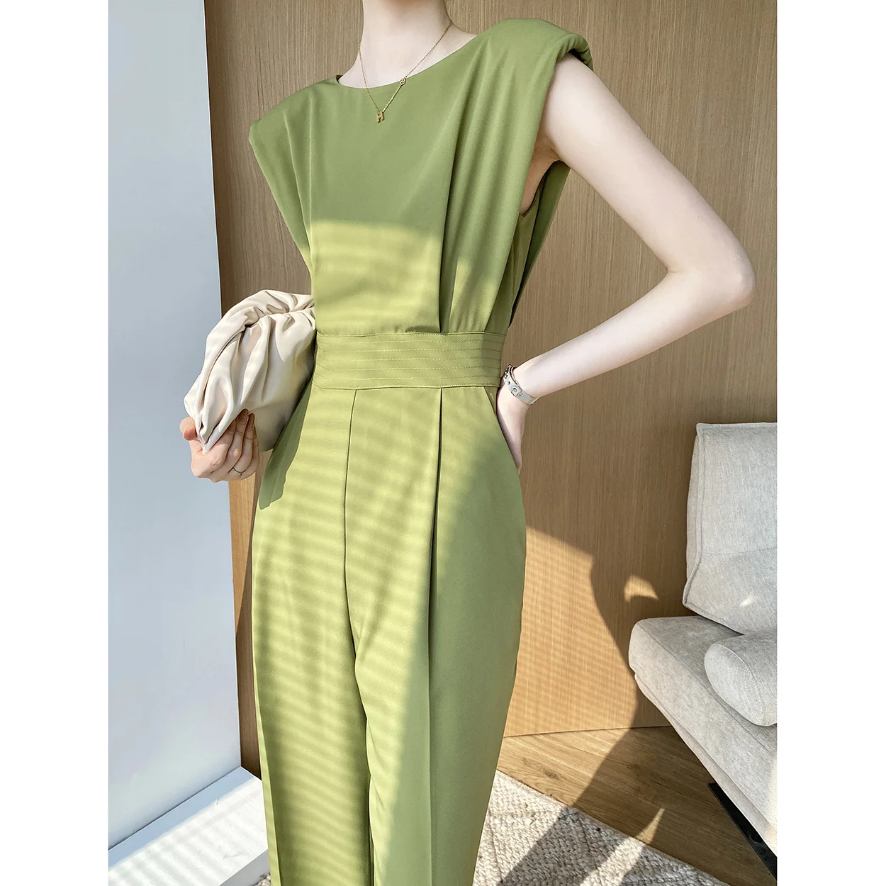 Sleeveless Jumpsuit for Green Women's High Quality Summer Shoulder Padded Jumpsuits