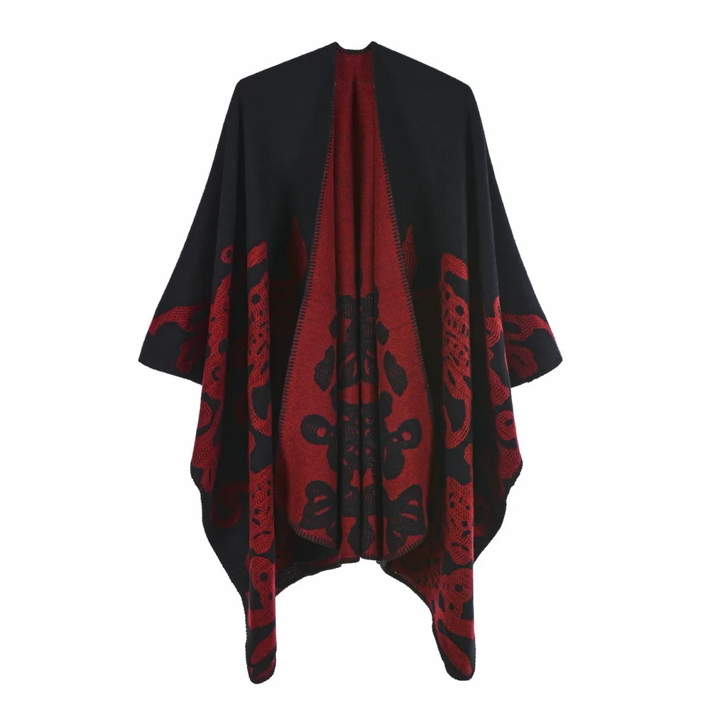 

Autumn Winter Butterfly Jacquard Knitted Shawl Women Keep Warm Imitation Cashmere Poncho Lady Capes Black Red Cloaks