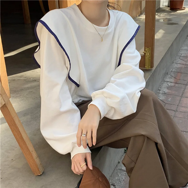 

Loose Pullovers Crew Puff Long Sleeve White Sweatshirt Women Contrast Ruffled Patch Casual Hoodies 2022 Fall New Cotton Grey Top