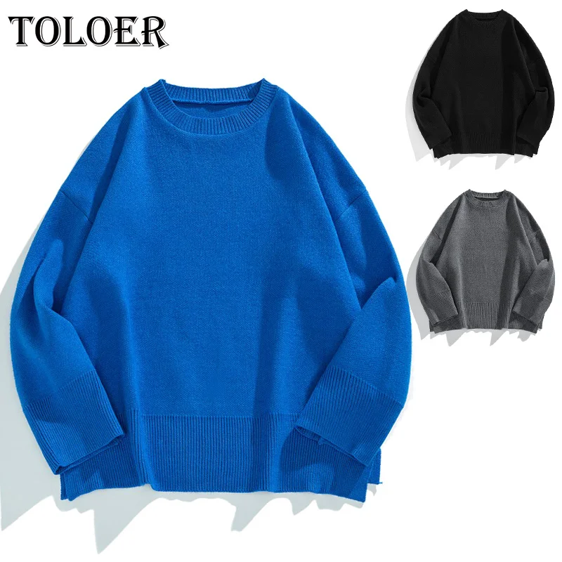 

Мужские Винтажные однотонные трикотажные свитеры 2022 дюйма, большие пуловеры в стиле ретро, удобные универсальные длинные топы с круглым вы...