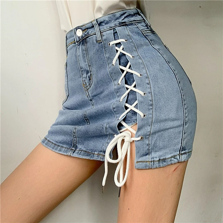 

High Waist Denim Skirt New Lace Denim Skirt Women's Anti-glare and Thin A-line Short Culottes loose size Jean Skirts