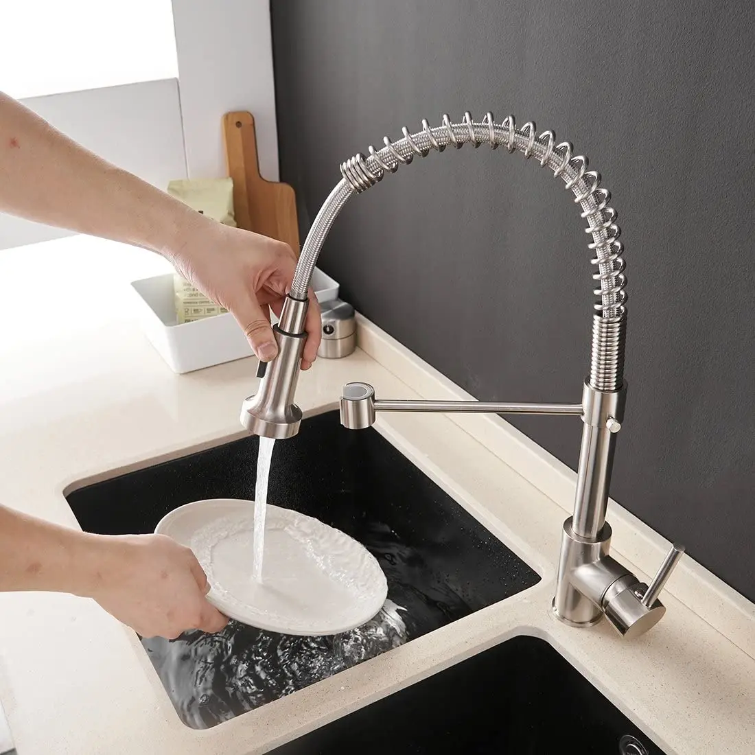 OWOFAN Kitchen Faucets Commercial Solid Brass Single Handle Lever Pull Down Sprayer Spring Sink Faucet Brushed Ni |