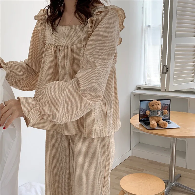 Pajama Set Plaid Homewear Two Piece Set Women Sleepwear Long Sleeve Tops Pants Pyjama Loose Korean Ladies Home Suit Ruffles