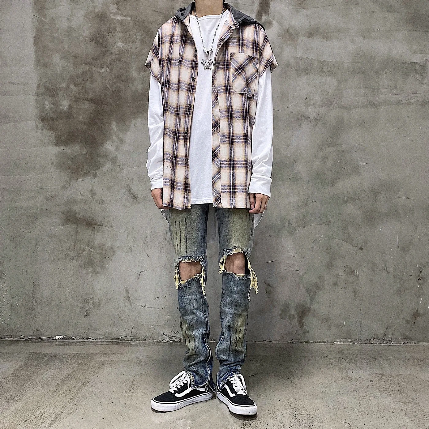 American Wash Slim Cut Jeans High Street Kanye Same Old Splash Yellow Knee Hole Slim Fit Pants Leg Zipper Jeans Men