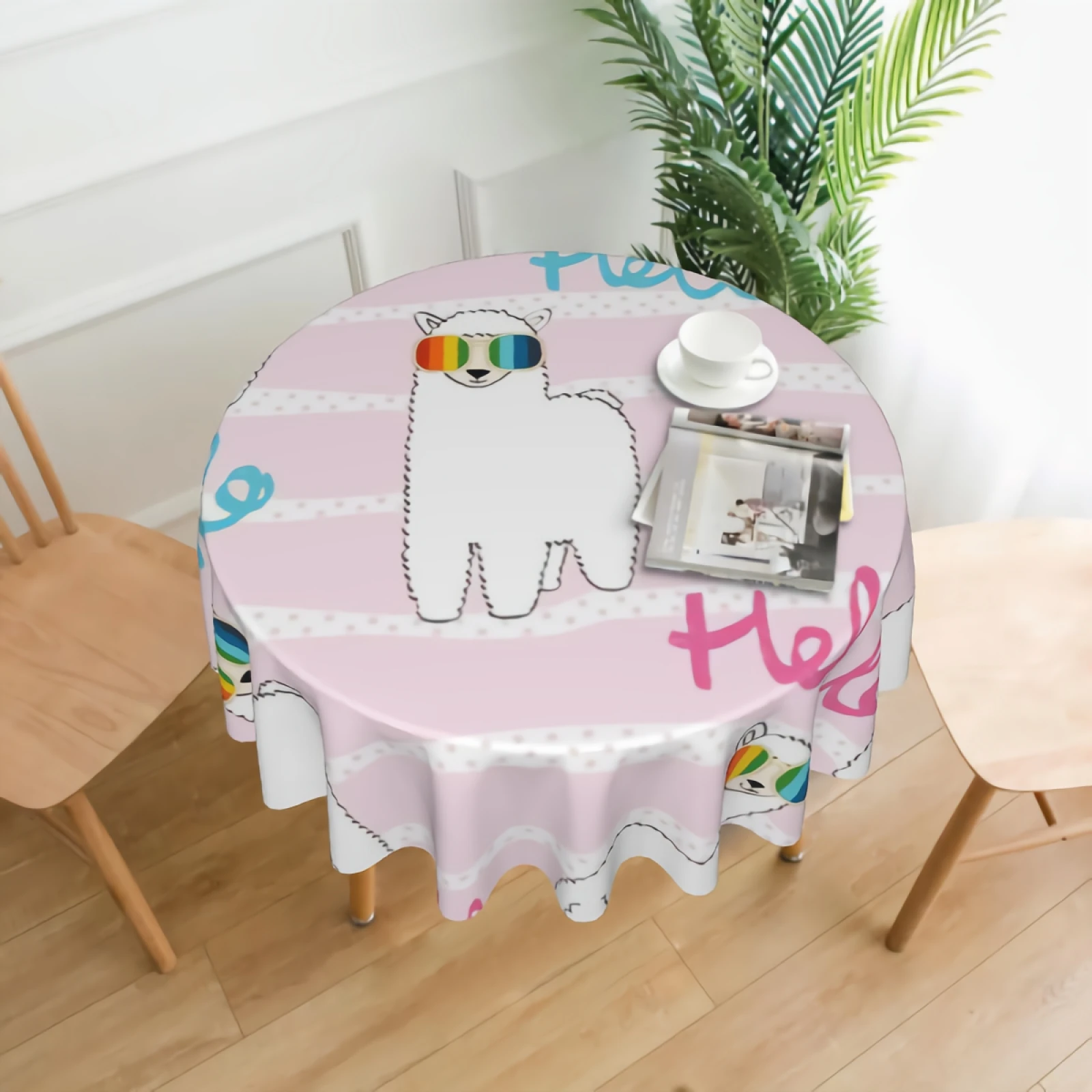 

Kawaii Llamas Pattern Round Tablecloth Farmhouse Llamas In Rainbow Glasses Table Cloth 60 Inch Round Table Cloth with Polyester