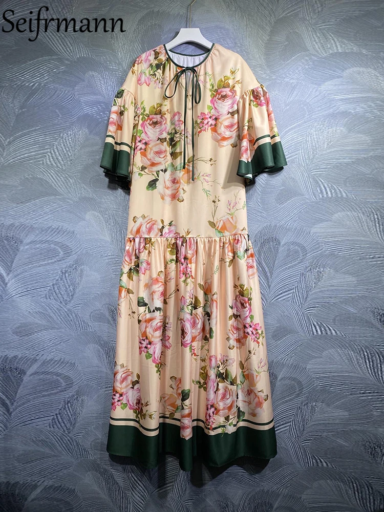 

Seifrmann High Quality Summer Women Fashion Designer Long Dress Short Flare Sleeve Floral Print Patchwork Ruffles Hem Dresses