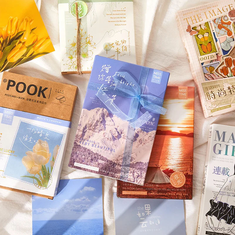 

30pcs Boxed Postcard Creative Ins Style Comic Sunset Flower Gift Blessing Message Greeting Card Journal Decoration Material