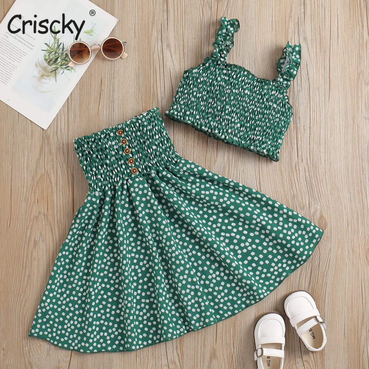 

Criscky Kid Baby Girls Clothes Sets 2022 Summer Small Fresh Halter Sleeveless Tops + Print Pleated Shirts 2Pcs Evening Dress