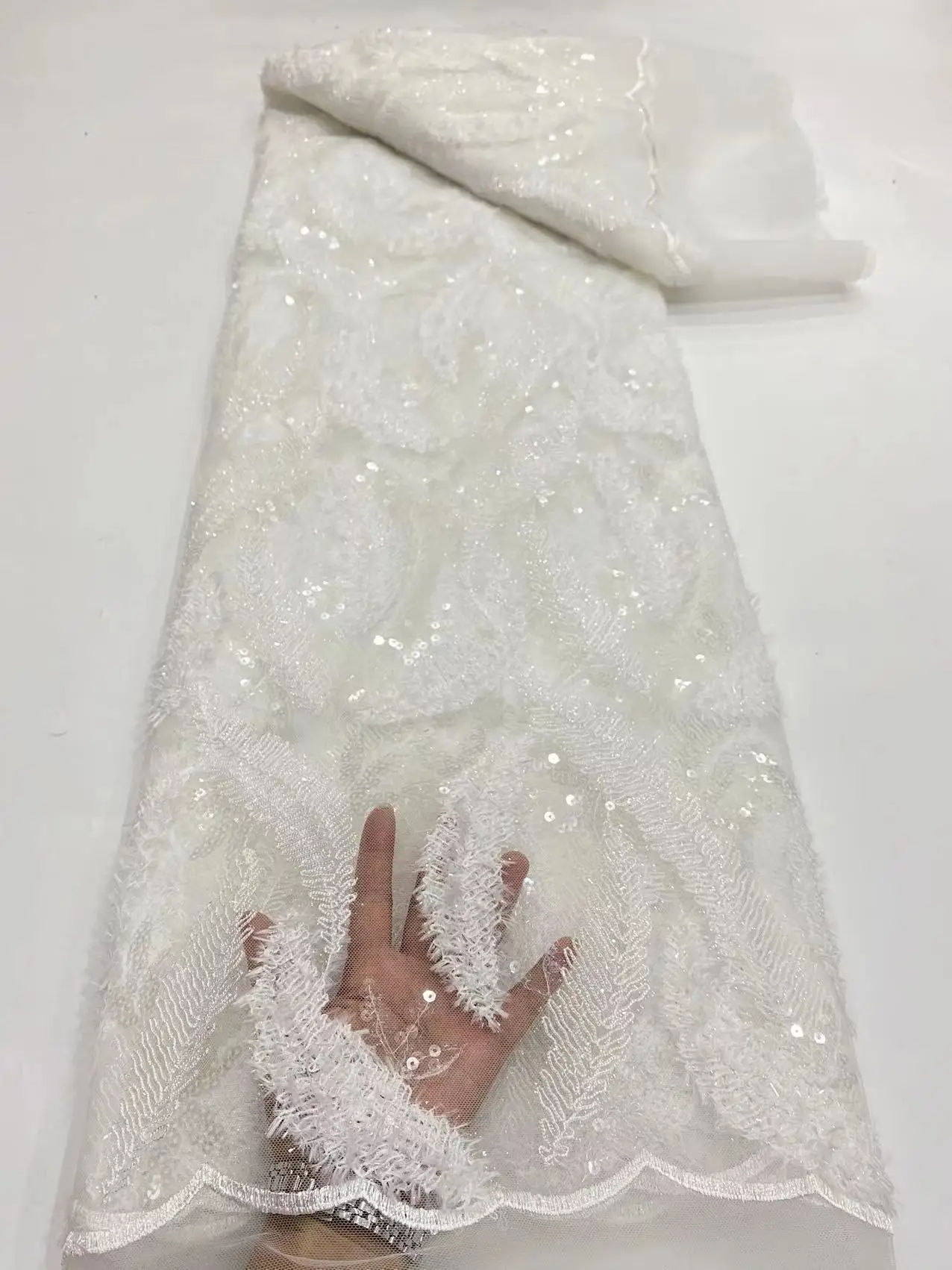 

5 Yards French Bridal Lace Fabric White Net Laces With Sequins Mesh Cord Embroidery Beautiful Leaves Romantic Fabrics SDPN171