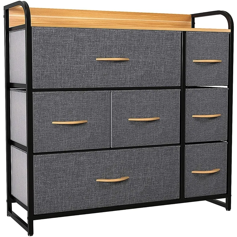 

Dextrus 7 Drawers Dresser Fabric Storage Tower Wooden Top Shelf Modern Organizer, Dark Gray