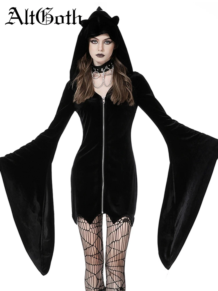 

AltGoth Gothic Harajuku Velvet Demon Ears Dress Women Aesthetic Vintage Halloween Y2k Flare Sleeve Zipper Bodycon Dress Clubwear