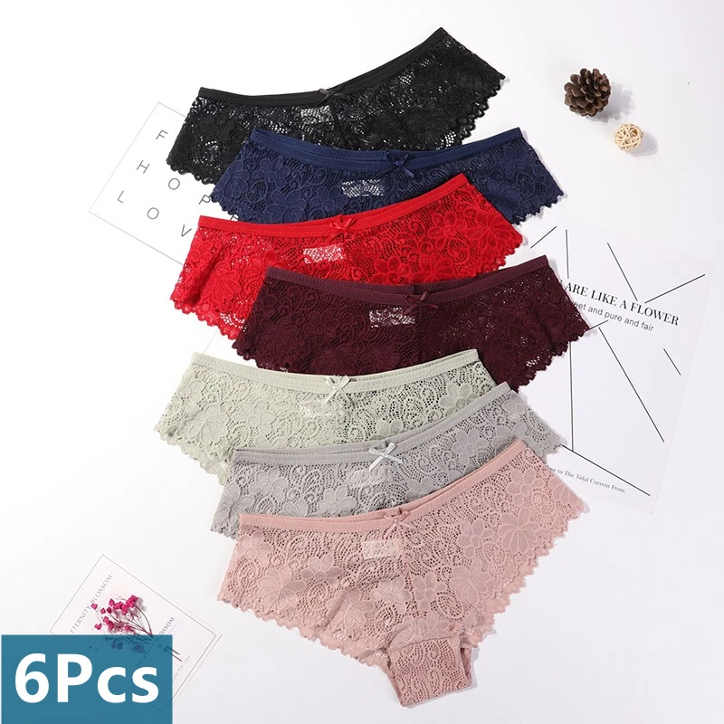 

6 Pcs/Set Woman Panties Lace Sexy Underwear Breathable Soft Lingerie Female Briefs Transparent Underpants Panties Pack Plus Size