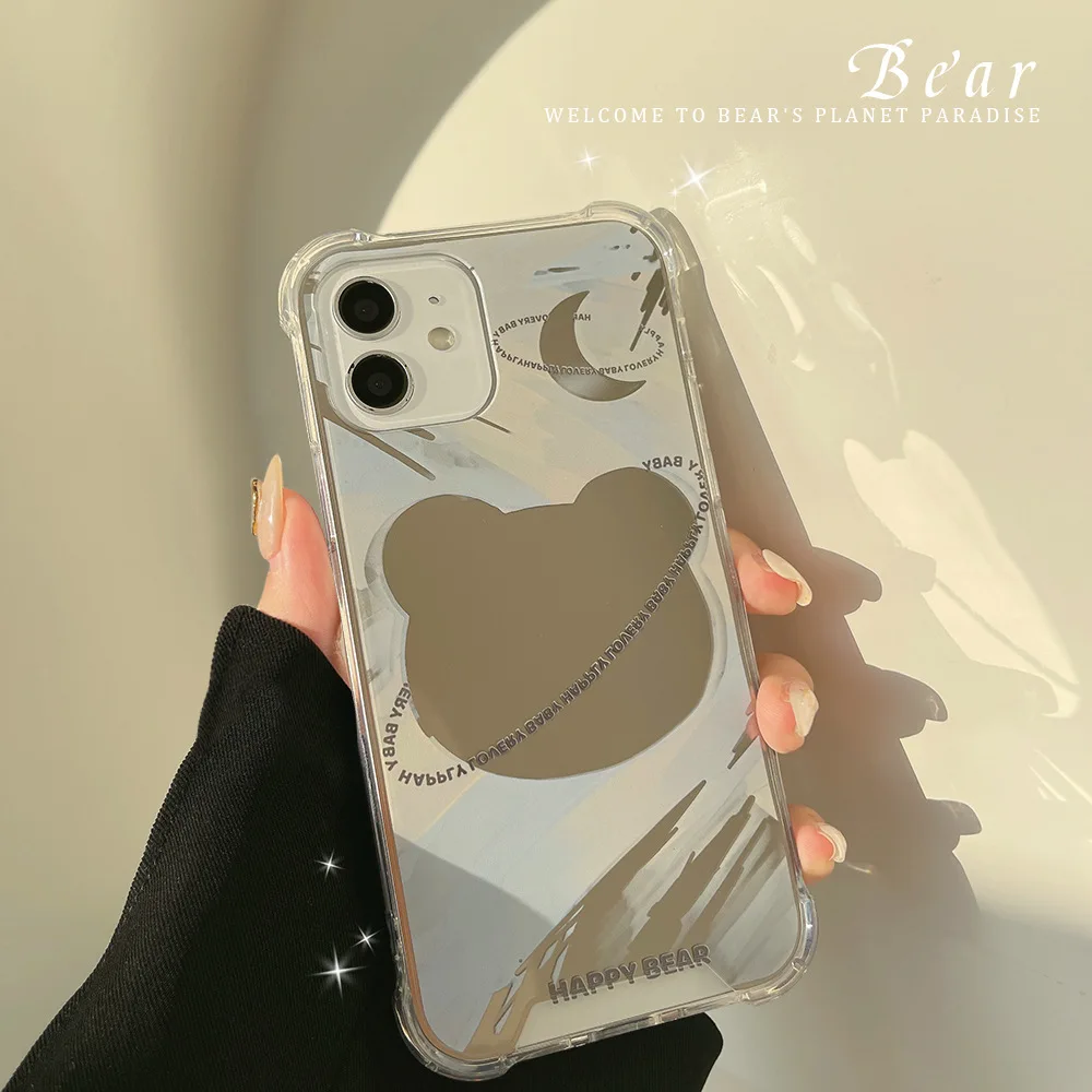 

Painted Cartoon Mirror Bear Planet Phone Case For iphone 13 12 11 Pro Max X XR XSMAX 7 8 Plus SE TPU Case Cover new products