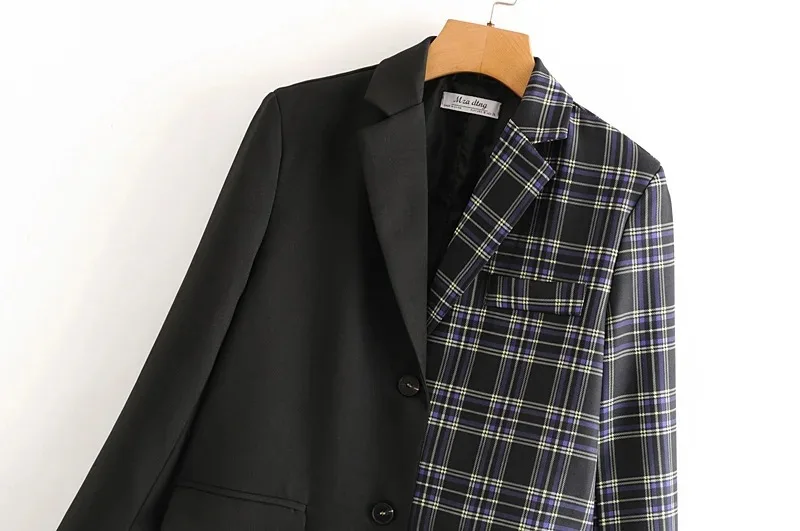 Women Vintage Black Patchwork Plaid Blazers Single Breasted Chic Suits 2023 New Spring Autumn Fashion Casual Long Sleeve Blazer