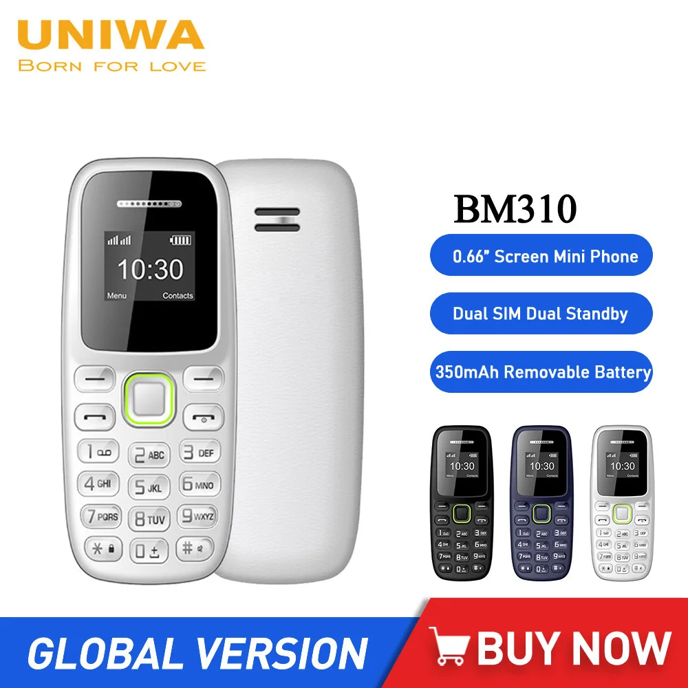 Мини-телефон UNIWA BM310 GSM, экран 0,66 дюйма, MTK6261D, двойная SIM-карта, два режима ожидания, разблокированный сотовый телефон, 350 мАч, для детей, FM