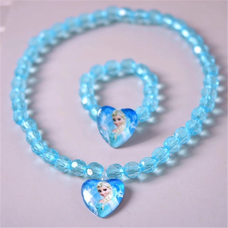 

2pcs/lot Disney cartoon Frozen children necklace+bracelets girl birthday gift female sweater Elsa doll accessories cosmetic toy