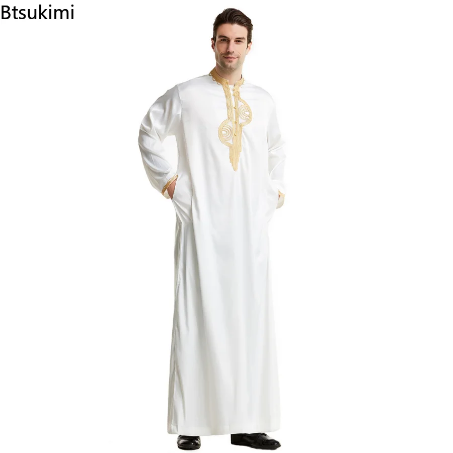 Fashion Muslim Men Jubba Thobe Islamic Clothing Stand Collar Kimono Long Robe Saudi  Abaya Caftan Dubai Arab National  Dressing