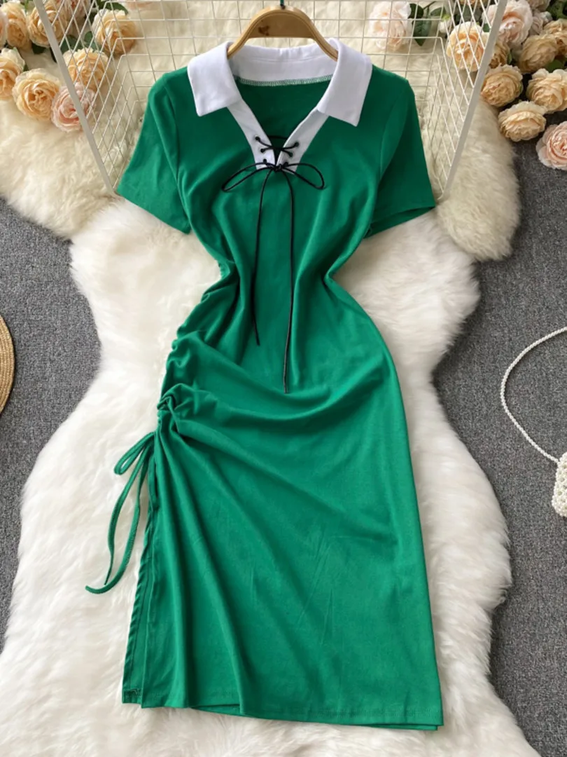 

Foamlina Casual Women Summer Dress Korean Chic Color Match Lace-up Turn-down Collar Short Sleeve Drawstring A-line Midi Dress