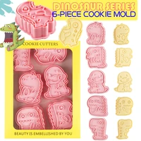 6pcsset plastic mold dinosaur cookie shape cartoon diy pressable biscuit press mould stamp kitchen baking pastry tools