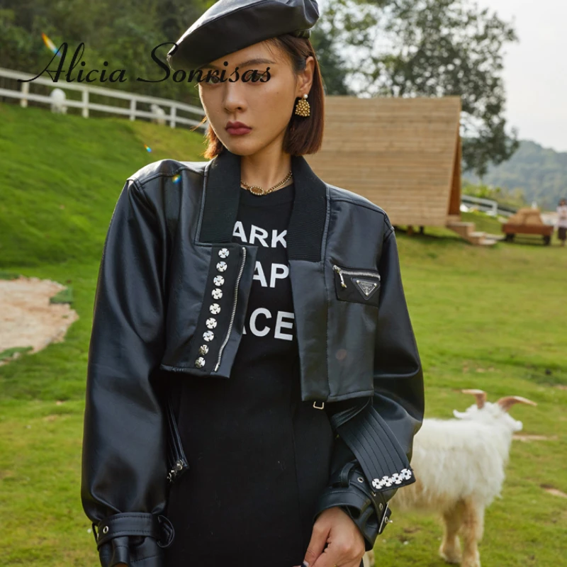 

PU Leather Coat Women's 2022 Spring Autumn New Loose Zip Jacket Fashion Stand Collar Motorcycle Leisure Handsome Short Jacket