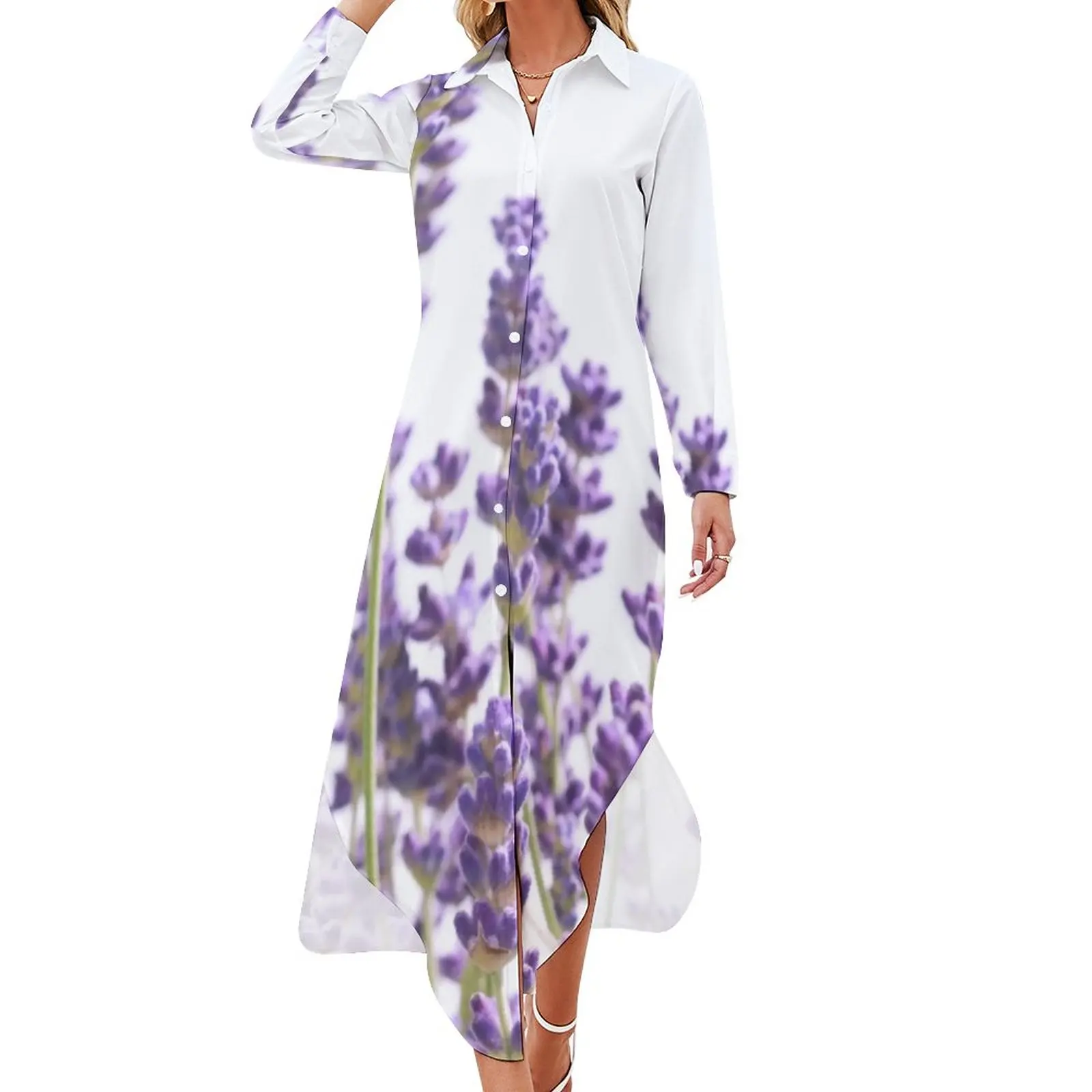

Purple Lavender Chiffon Dress Vintage Purple Spring Flowers Beach Dresses Ladies Street Wear V Neck Print Oversized Casual Dress