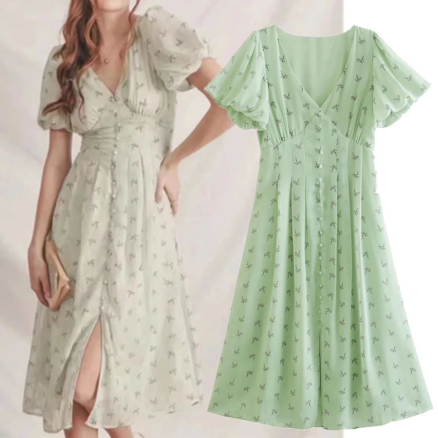 

Elmsk Indie Folk Floral Print Chiffon Puff Sleeve Ruffles Fashion Elegant Casual Midi Dress Women Summer France Style Dress