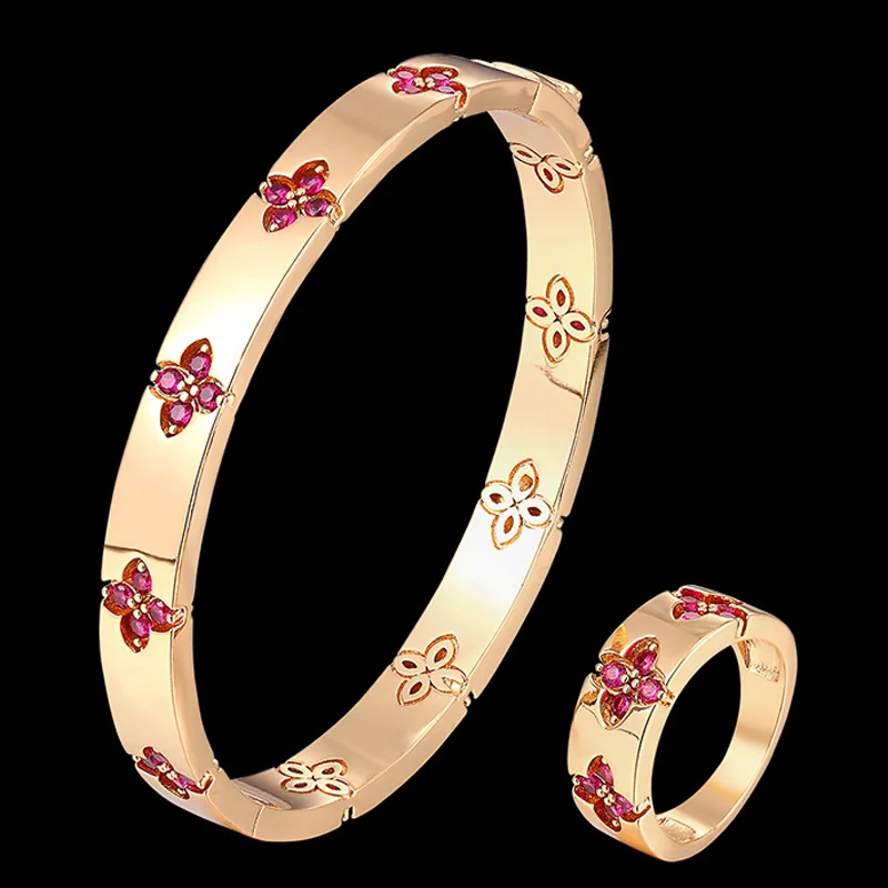 

Zlxgirl Luxury 2PCS Dubai Gold Four-leaf Bangle Ring Fashion Jewelry Women Wedding Engagement Zirconia Gold bangle bracelet ring