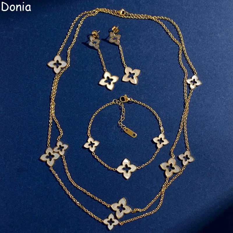 Donia Jewelry Fashion White Shell Flower Titanium Long Necklace Bracelet Earrings Personalized Luxury Gift.