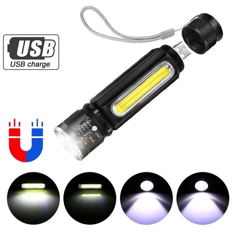 

USB Rechargeable LED Flashlight Torch XM-L T6 Side COB Zoomable 3 Modes Aluminum Built-in Battery Lanterna Camping Lamp