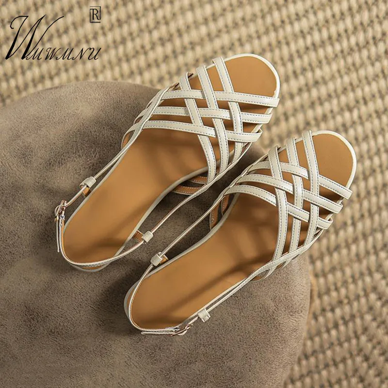 

Beige White PU Leather Flat With Women Sandals Round Head Buckle Strap Non-Slip Office Shoes Vintage Designer Casual Dress Shoes