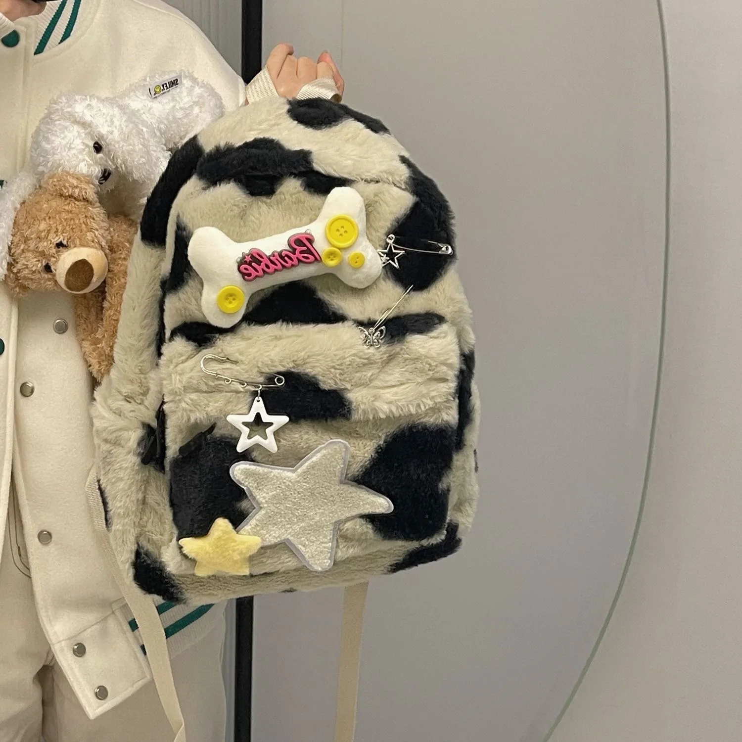 Y2K Korean Fashion Casual Kawaii Book Bag Plush Star Backpack Student Bags Schoolbag Kids Travel Girls Ladies Backpacks Women