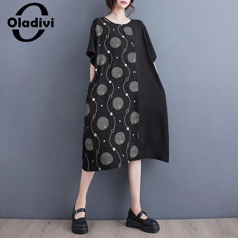 

Oladivi женское платье миди большого размера с коротким рукавом 2023 летние новые повседневные свободные платья винтажная женская одежда большого размера 6XL 5459