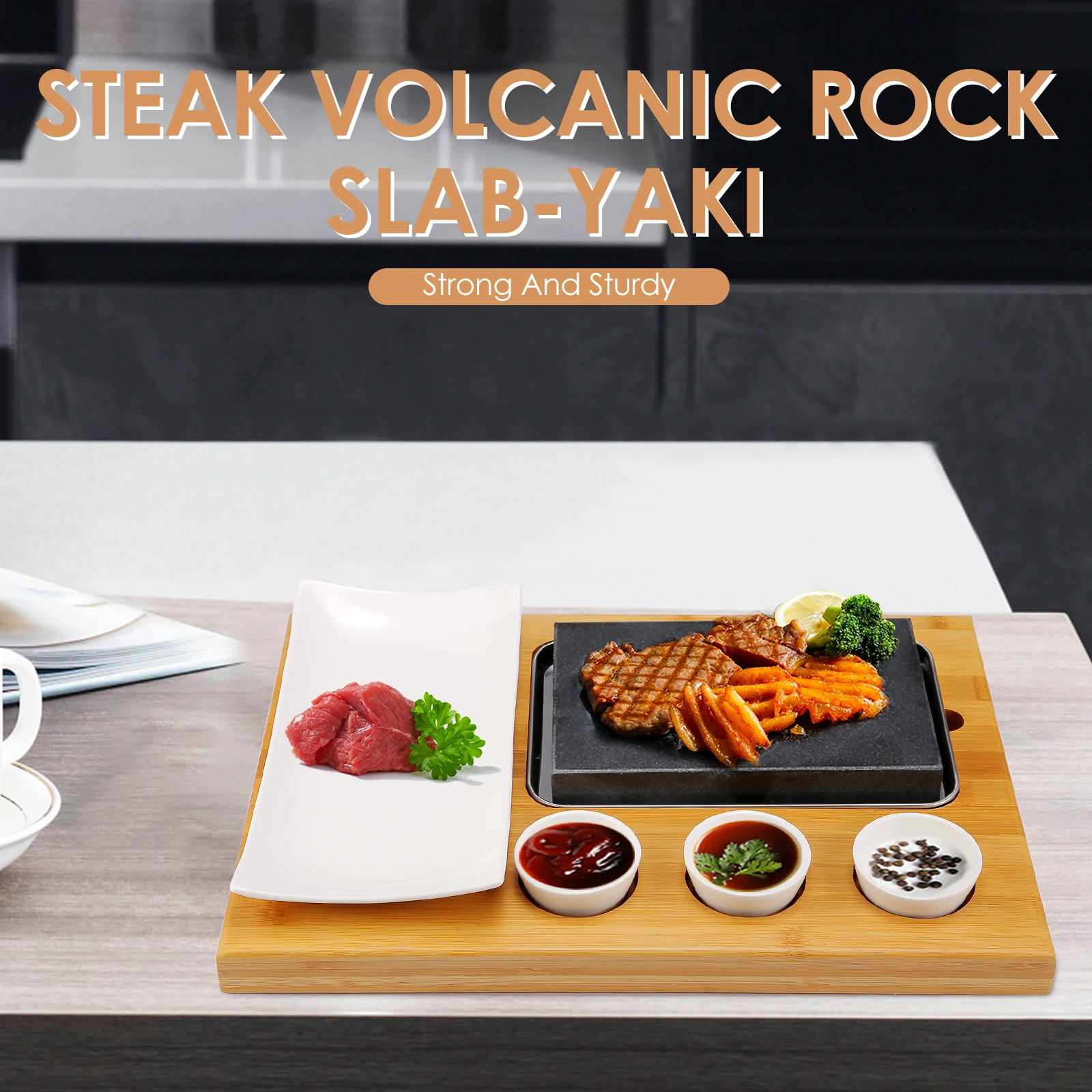 

Lava Stone Steak Board Kit Gift Box Packing Wood Board Porcelain Plate With Sauce Cups Fat Oil-free Steak Meat Fish Grilling BBQ