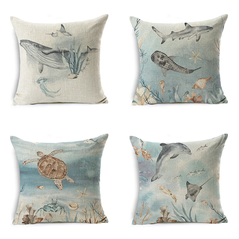 

Marine life Cushion Cover whale fish Decorative Ocean Linen Pillow Case For Car Sofa Decor Pillowcase Home Pillows 45cm x 45cm