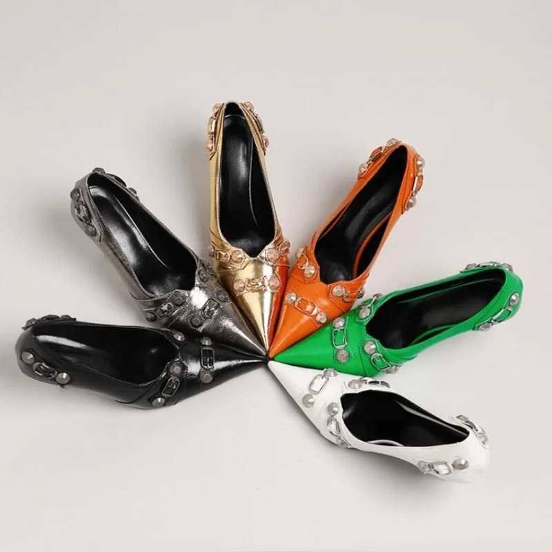 

Sexy Gold Black Metallic Leather Heel Pumps Shoes Studded Buckle Pointed Toe Thin Heels Party Club Shoes