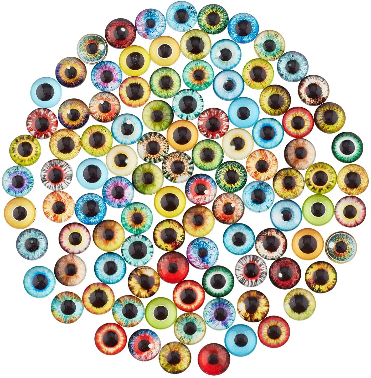 

50-100PCS/box 10-25mm 50-70 Style Lucky Evil Eye Glass Cabochons Glass Cabochons Cat Owl Bird Human Pupil Eyes Half Round Gems