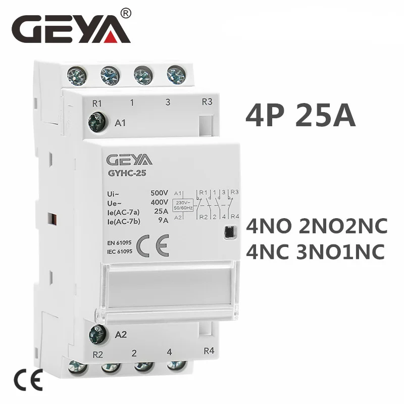 GEYA GYHC 4P 25A 4NC 4NO 2NO2NC 3NO1NC Бытовой модульный контактор на DIN-рейку 50/60 Гц Автоматический контактор переменного тока