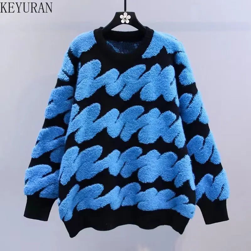 

Korean Women Pullover Sweaters Autumn Winter Vintage Sweet Knitted Jumpers Japanese Preppy Style Loose Wavy Striped Sueter Mujer