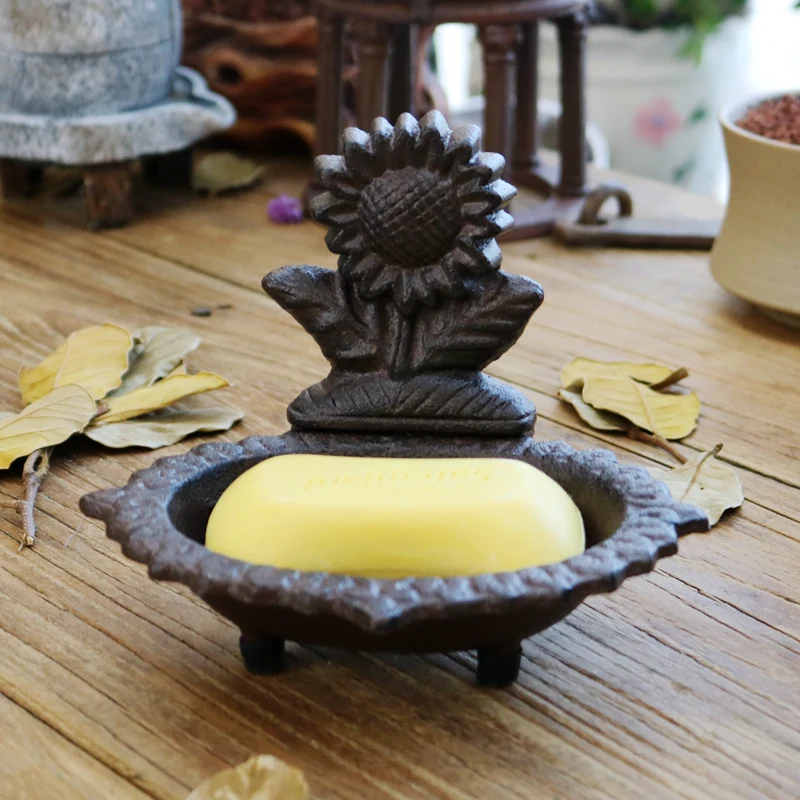 Cow Rooster Sunflower Cast Iron Soap Dish Farmhouse Heavy Duty Drainable Kitchen Soap Holder Bathroom Decorative Accesories