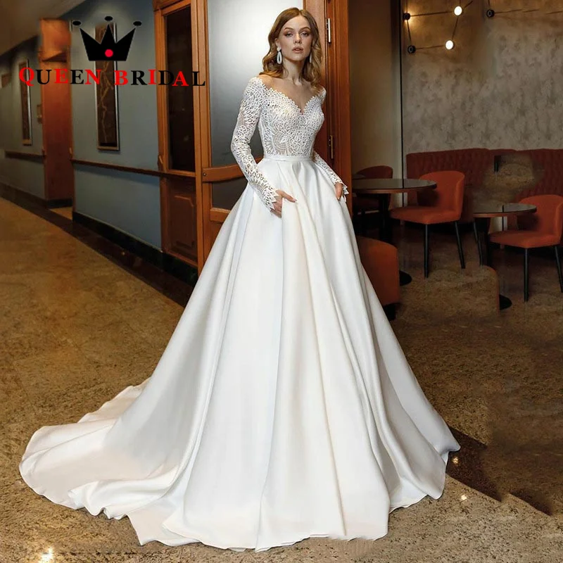 

Elegant Long Sleeve Wedding Dresses A Line V Neck Satin Illusion Appliques Button Bridal Gowns Vestidos De Novia Custom J95Q