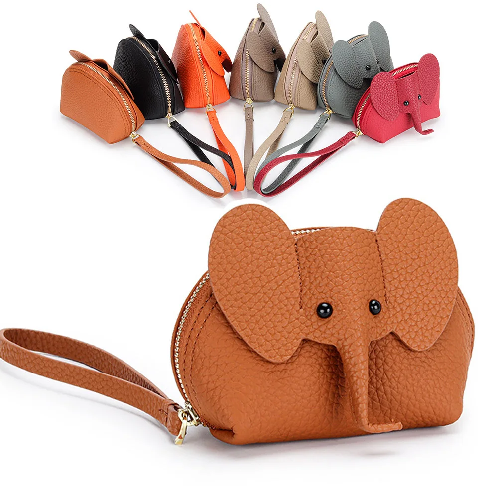 Cute Small Elephant Coin Purses Leather Women's Clutch Card Holder Money Pouch Lipstick Bag Wristlet Coins Wallet with Keyring