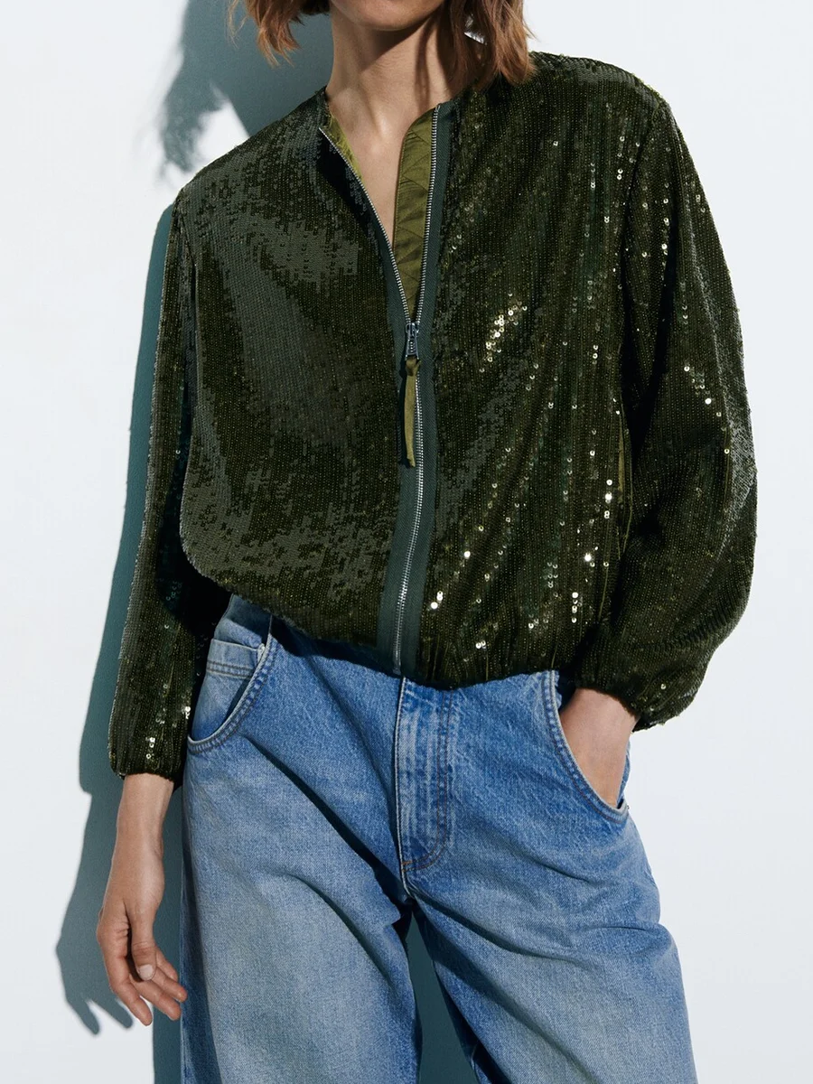 

Sequin Bomber Jackets For Women Green Oversized Jacket Woman Long Sleeve Bomber Jacket Women Streetwear Coat Women's Jacket 2023