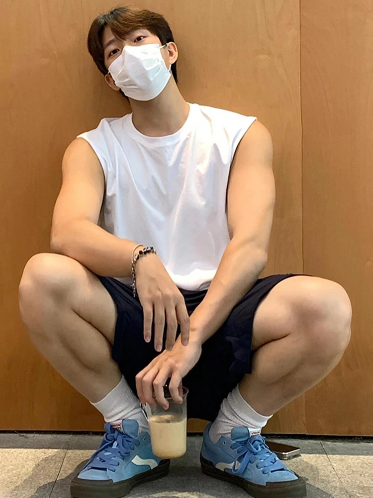 White Sleeveless Men's T-shirt Pu Shuai Sle Summer Fitness Sports Undershirt Vest Inner wear Cotton Heavy Weight Short slee...