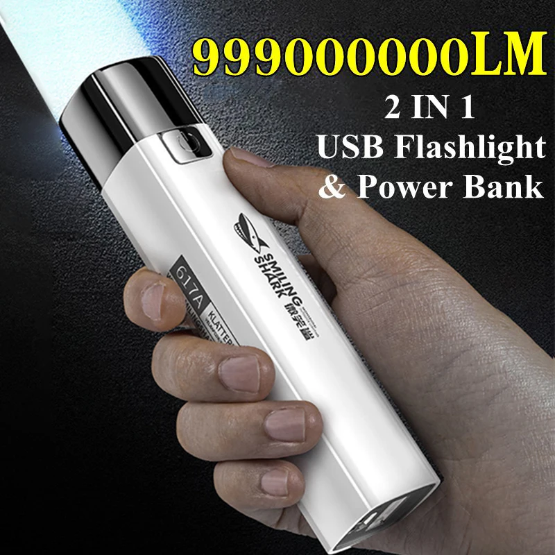 

New 2 IN 1 9990000LM Ultra Bright Tactical LED Flashlight Mini Torch Power Bank Outdoor Lighting 3 Modes with USB Charging Cable